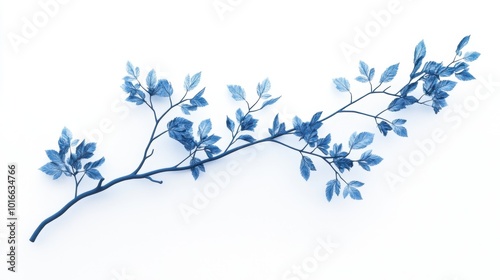 A delicate, isolated blue tree branch with fine details of its twigs and leaves, set against a clean white background, showcasing nature beauty in simplicity