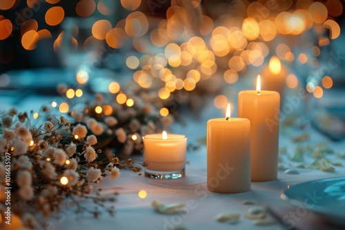 White wedding candles with a blurry backgroundof christmas lights