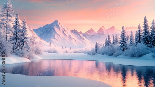 A Tranquil Snowy Landscape with Frozen Lake and Mountains at Sunrise