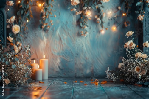 Candles against a plain wall with floral around it