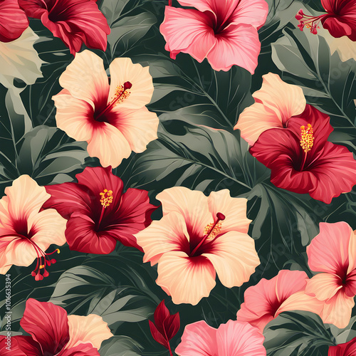 Wallpaper Mural Minimalist hibiscus flowers in negative space, surrounded by simple leaves, creating a balance of light and dark on a pale yellow canvas - Generative AI Torontodigital.ca