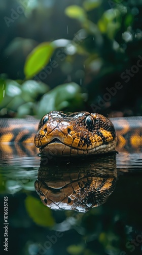 A close-up of a snake resting near water, showcasing its vibrant colors and intricate patterns surrounded by lush greenery.