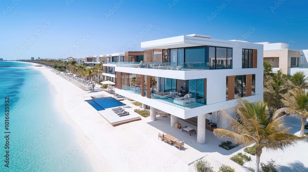 Fototapeta premium Modern beachfront villa with glass walls and spacious terraces overlooking the ocean. The property features a pool, numerous lounge areas, and is surrounded by palm trees.