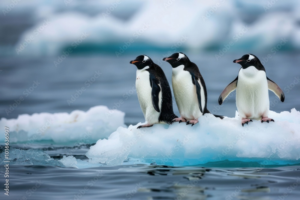 Fototapeta premium Penguins float on the ice floe outdoors nature animal.