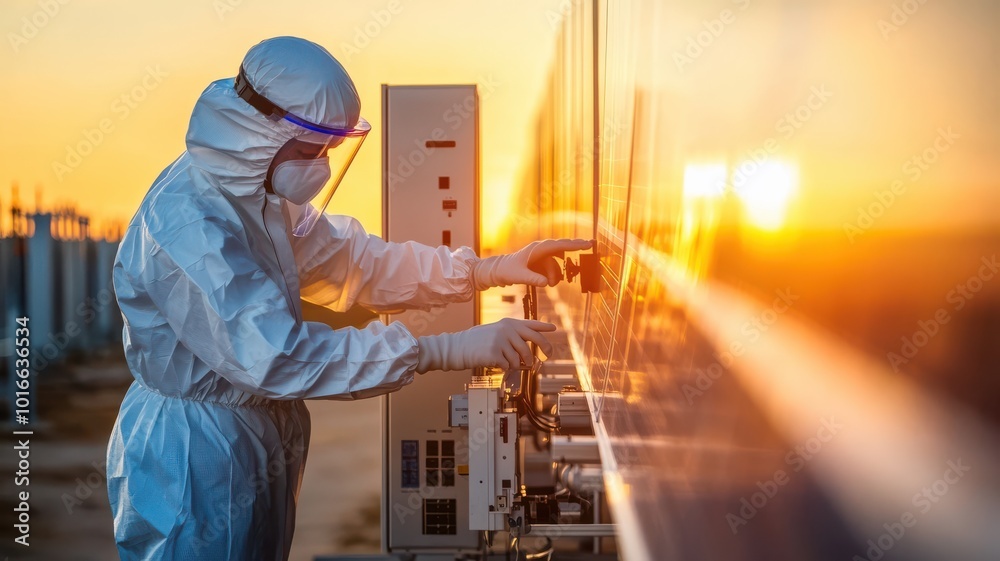 A technician in protective gear working on solar panels during sunset, showcasing renewable energy and technology. A technician in protective gear working on solar panels during sunset, showcasing renewable energy and technology.