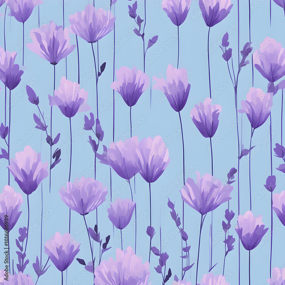 Flat and abstract lavender flowers arranged in clusters, creating a repetitive yet organic flow on a sky blue background - Generative AI Flat and abstract lavender flowers arranged in clusters, creating a repetitive yet organic flow on a sky blue background - Generative AI