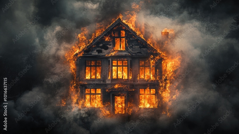 A burning house with flames bursting from every window, surrounded by clouds of dark smoke, symbolizing destruction and danger. A burning house with flames bursting from every window, surrounded by clouds of dark smoke, symbolizing destruction and danger.