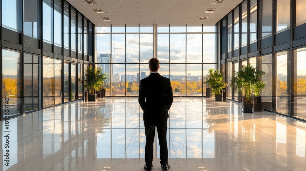 Businessman Looking Out Window Modern Office Building Businessman Looking Out Window Modern Office Building