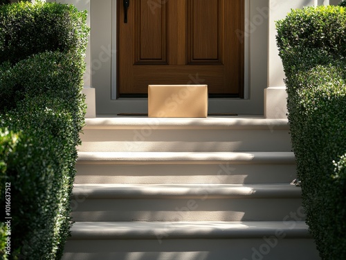 A package sits neatly at the doorstep, surrounded by manicured hedges, creating a welcoming and serene entryway. photo