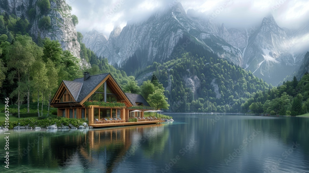 Fototapeta premium Serene Lakeside Cabin with Mountain Views and Lush Greenery in a Tranquil Natural Setting