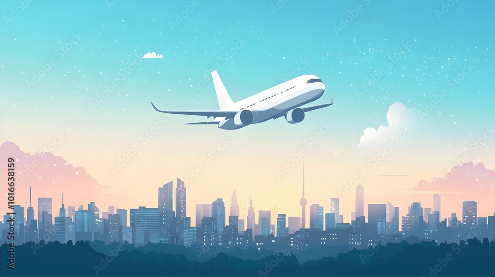 Stylized of an airplane flying over a modern cityscape with skyscrapers high rise buildings and an urban skyline The image has a clean Stylized of an airplane flying over a modern cityscape with skyscrapers high rise buildings and an urban skyline The image has a clean