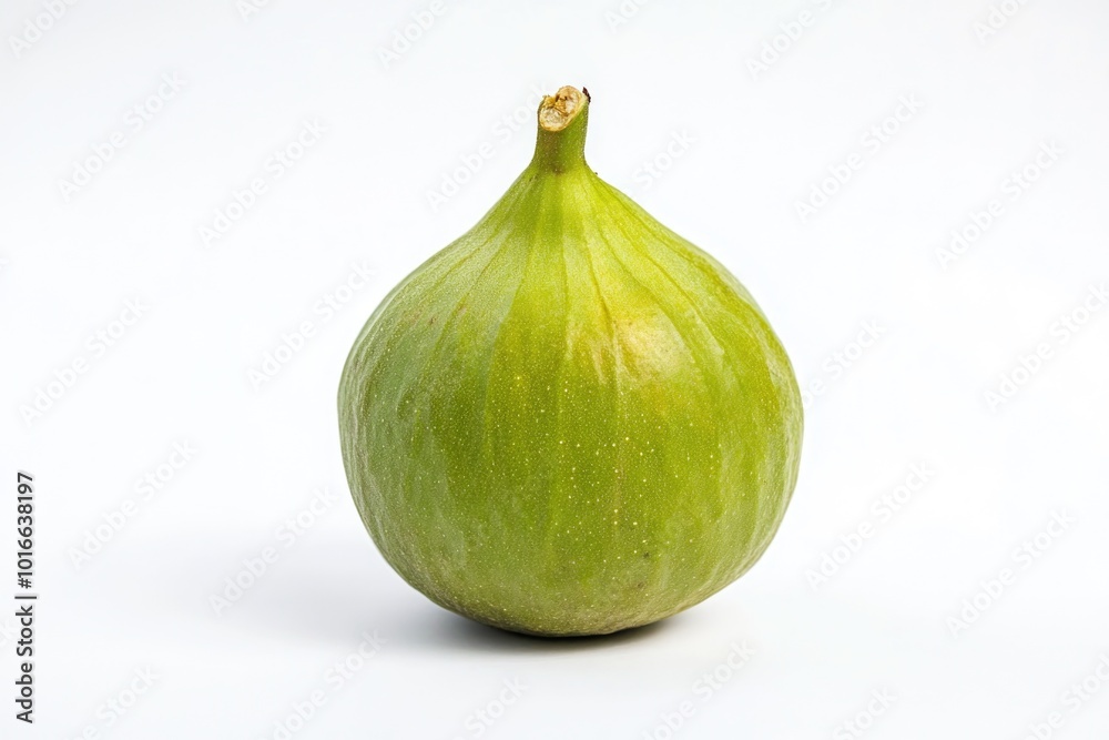 Obraz premium A single green fig sitting on top of a clean white surface, ready for use in various scenarios.