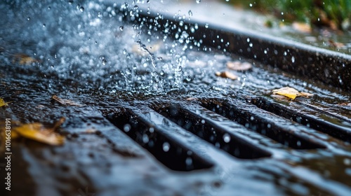 A close-up of water rushing into a storm drain, with raindrops splashing as the storm continues to pour down.