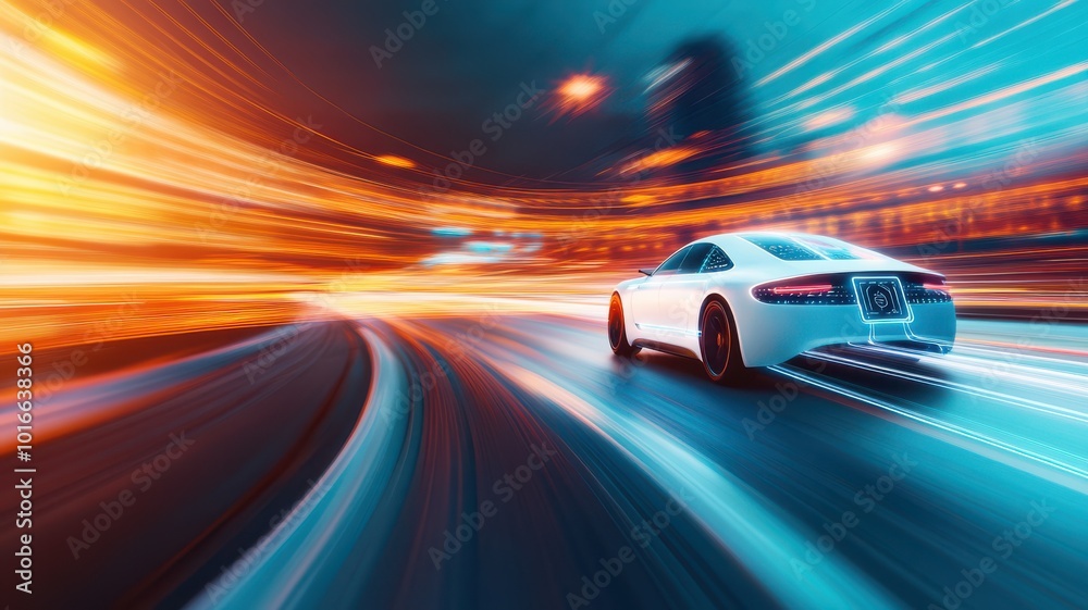 Dynamic shot of a sleek white car racing through a vibrant cityscape at night, showcasing speed and motion with colorful lights. Dynamic shot of a sleek white car racing through a vibrant cityscape at night, showcasing speed and motion with colorful lights.