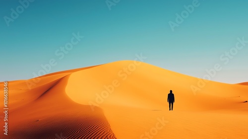 An expansive desert landscape under the harsh midday sun, long shadows cast by towering sand dunes, shot from a wideangle The sky is clear, with a lone figure in the distance