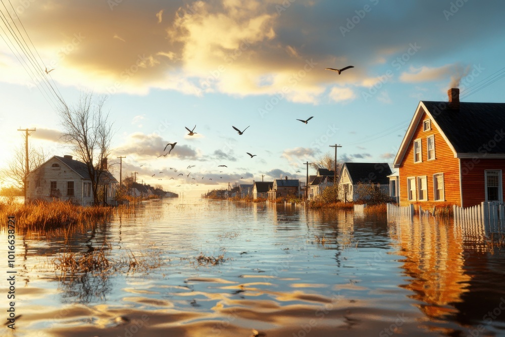 Fototapeta premium Coastal Town Facing Challenges of Rising Sea Levels