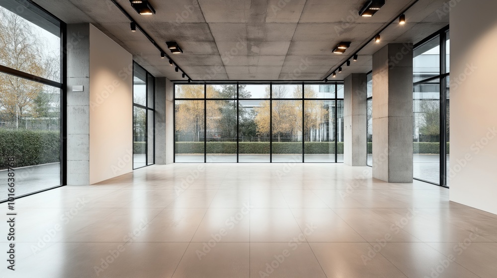 Modern empty room with large floor-to-ceiling windows, concrete columns, and polished tile flooring. Natural autumn scenery visible outside. Modern empty room with large floor-to-ceiling windows, concrete columns, and polished tile flooring. Natural autumn scenery visible outside.