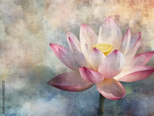 A dreamy abstract lotus, where the petals are painted in soft watercolor hues, fading into a textured, abstract background, evoking a sense of calm and reflection
