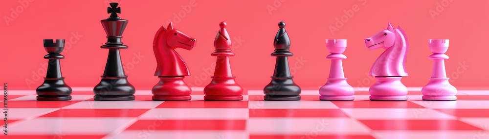 Colorful chess pieces on a checkered board with a pink background. Colorful chess pieces on a checkered board with a pink background.