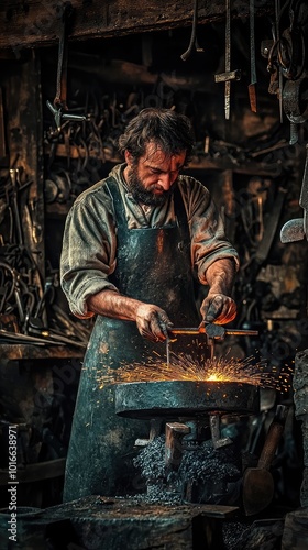 Wallpaper Mural A craftsman skillfully forging metal in a traditional workshop, surrounded by tools and glowing sparks from the anvil. Torontodigital.ca