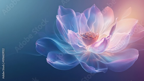 A digital lotus flower with layered, translucent petals, each glowing with a subtle light, set against a gradient background of blues and purples, creating a serene, ethereal effect