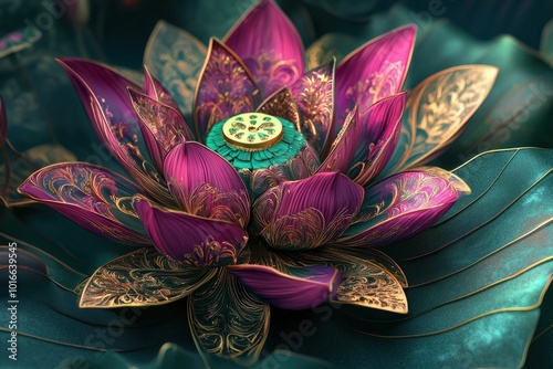 A detailed digital lotus illustration with intricate patterns inside each petal, using bright, vibrant colors like pink, gold, and green, blending traditional art with a modern twist