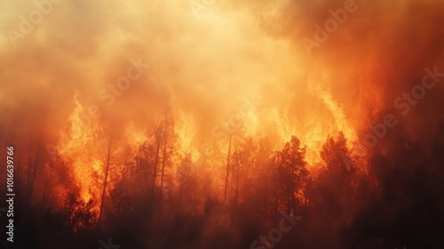 A high-resolution close-up of bright orange flames engulfing a dense forest, with thick smoke billowing into the sky, capturing the intensity and chaos of a wildfire