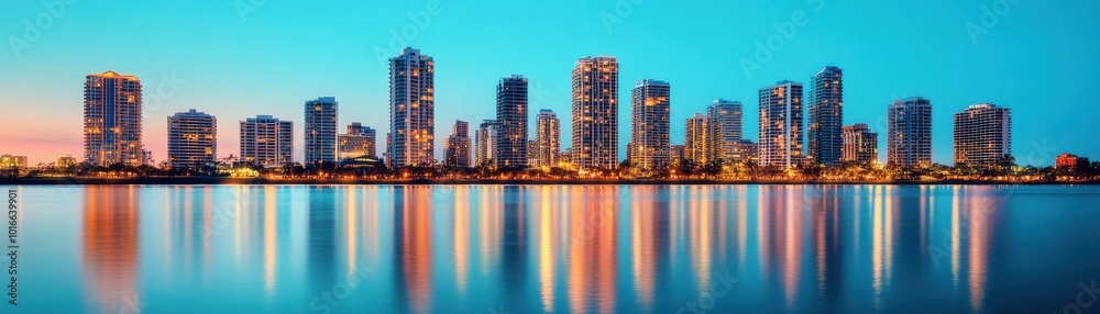 Stunning city skyline at dusk reflecting in calm waters, showcasing modern architecture and vibrant colors. Stunning city skyline at dusk reflecting in calm waters, showcasing modern architecture and vibrant colors.