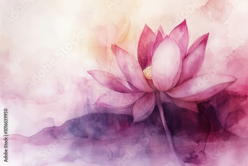 A watercolor-inspired abstract lotus, with soft, flowing gradients of pink and purple, the petals gently fading into the background, symbolizing serenity and beauty