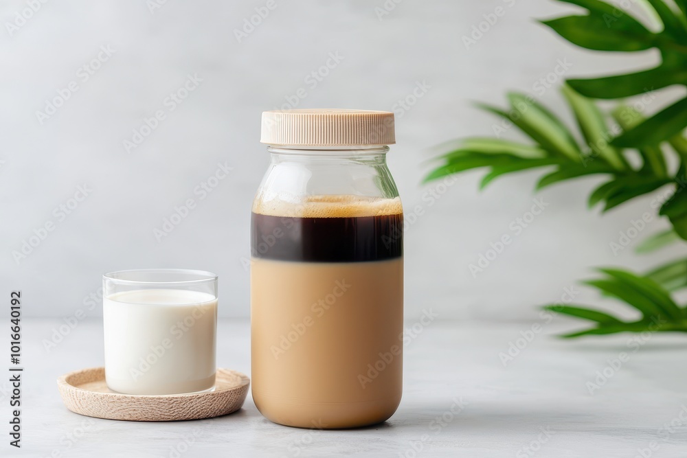Cold coffee in a glass jar with milk and a small glass of milk beside it. Cold coffee in a glass jar with milk and a small glass of milk beside it.