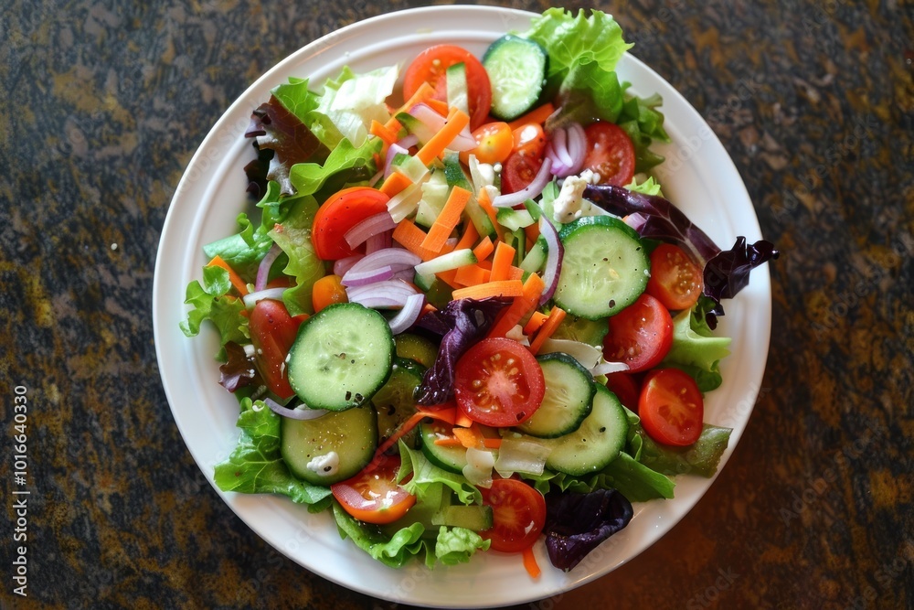 Fresh garden salad with tomatoes, cucumbers, onions, and mixed greens. Healthy food concept. Fresh garden salad with tomatoes, cucumbers, onions, and mixed greens. Healthy food concept.