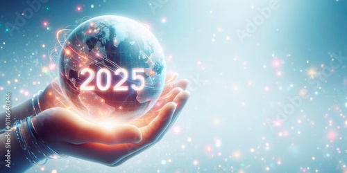 A person holding a globe with the date of 2025 on it