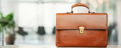 Branded executive leather briefcases with gold accents, displayed elegantly in a corporate office, symbolizing premium gifts and branding photo