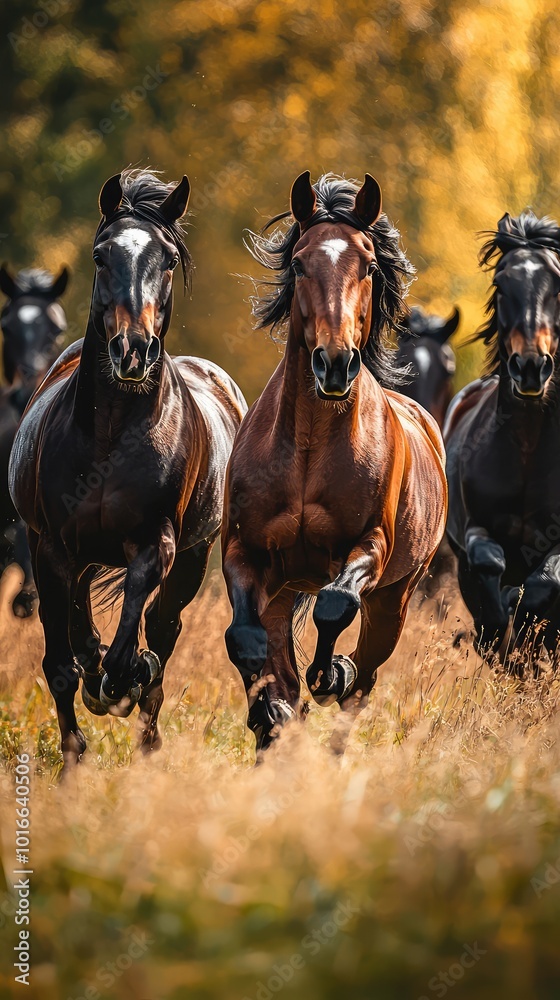 A dynamic scene of horses galloping through a sunlit meadow, showcasing their grace and strength in the beauty of nature. A dynamic scene of horses galloping through a sunlit meadow, showcasing their grace and strength in the beauty of nature.