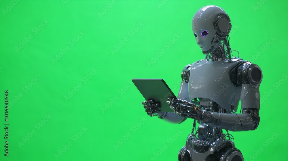 Ai robot using tablet isolate on green background Ai robot using tablet isolate on green background