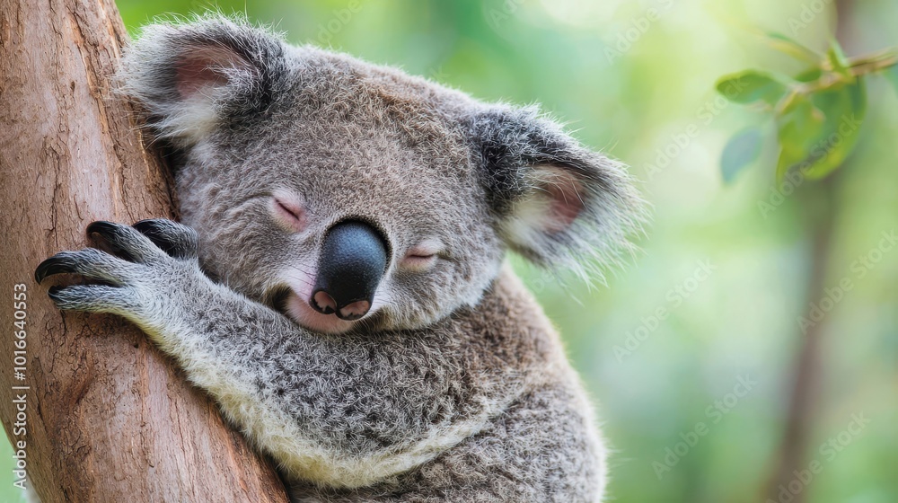 Naklejka premium Cute koala resting and sleeping on a tree branch, surrounded by lush green foliage.
