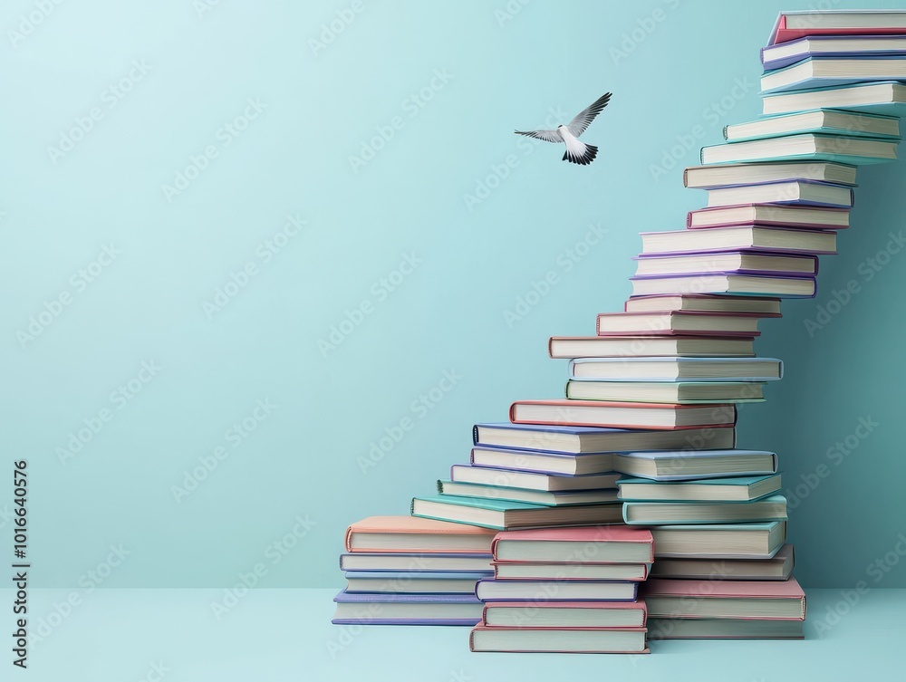 A creative stack of colorful books ascending towards the sky, symbolizing knowledge, growth, and inspiration with a bird soaring above. A creative stack of colorful books ascending towards the sky, symbolizing knowledge, growth, and inspiration with a bird soaring above.