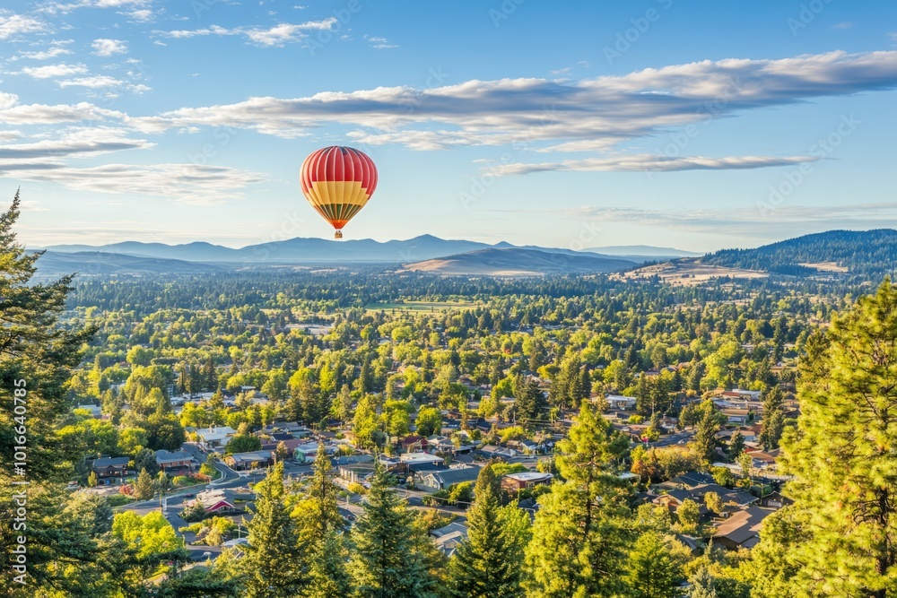 Fototapeta premium A vibrant hot air balloon soars majestically over Grants Pass, Oregon, on a beautiful summer morning, showcasing the lush landscape of rolling hills under clear blue skies.