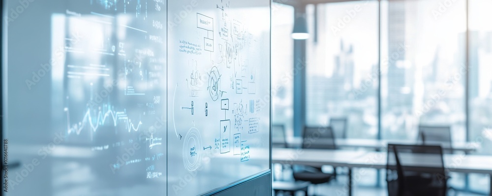 Modern office space featuring a glass wall with data visualizations, ideal for showcasing innovation and productivity in business. Modern office space featuring a glass wall with data visualizations, ideal for showcasing innovation and productivity in business.