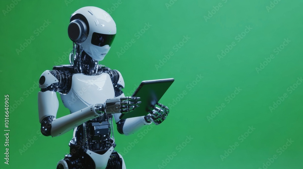 Ai robot using tablet isolate on green background Ai robot using tablet isolate on green background