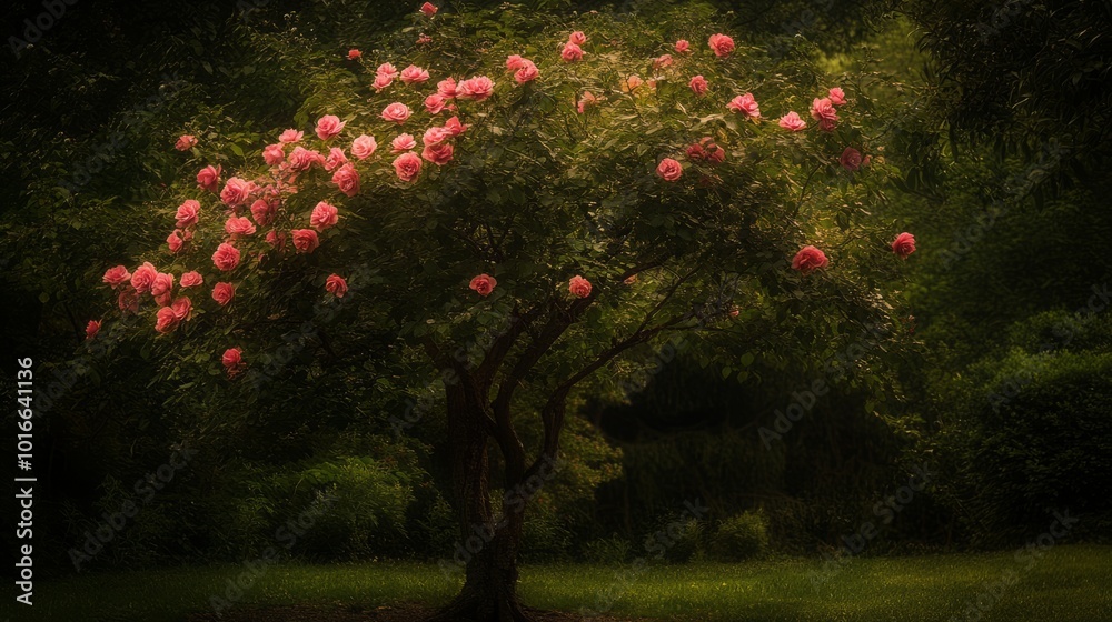 Obraz premium A blooming tree with pink flowers in a serene green setting.