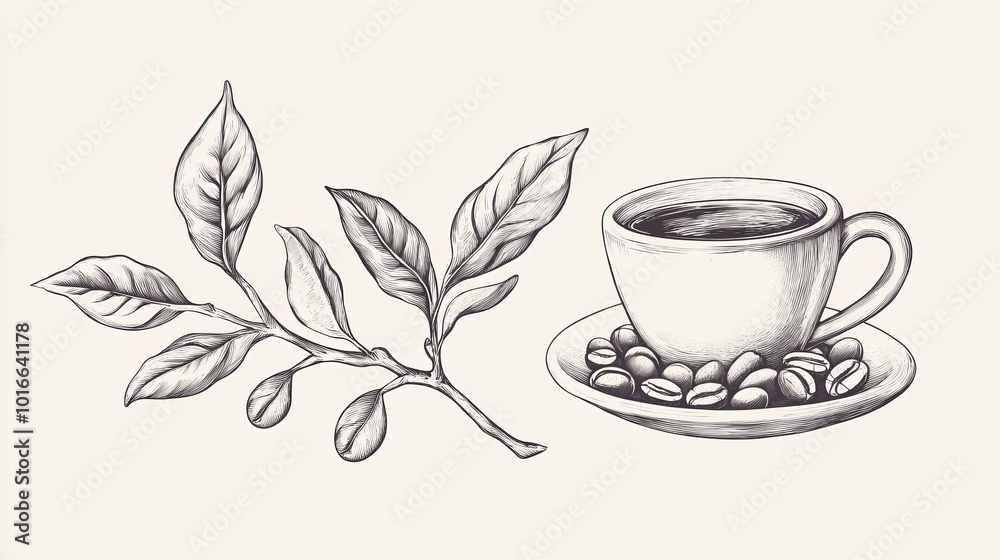 A coffee cup with beans and a coffee plant branch illustration. A coffee cup with beans and a coffee plant branch illustration.