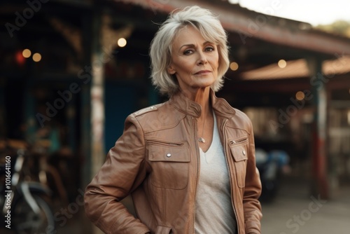 Leather jacket mockup apparel woman transportation.