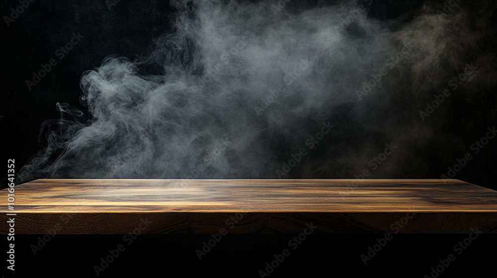 Empty wooden table with smoke on a black background Empty wooden table with smoke on a black background