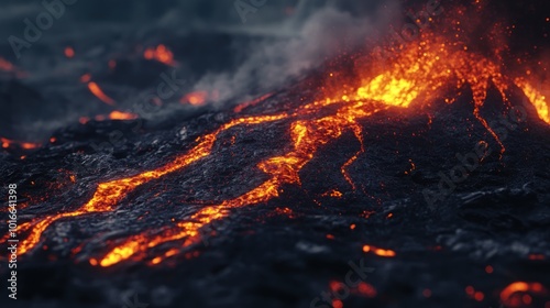 A close-up of flowing lava on a volcanic surface, showcasing fiery patterns and textures.