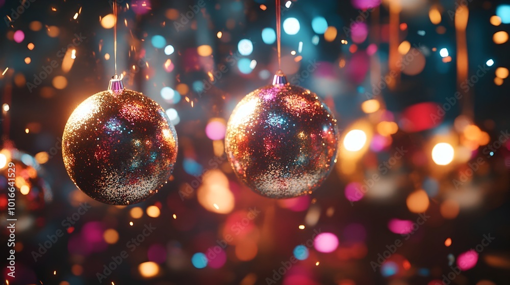 Elegant and Festive New Year s Party Scene with Shimmering Ornaments Glittering Confetti and a Vibrant Colorful Background Elegant and Festive New Year s Party Scene with Shimmering Ornaments Glittering Confetti and a Vibrant Colorful Background