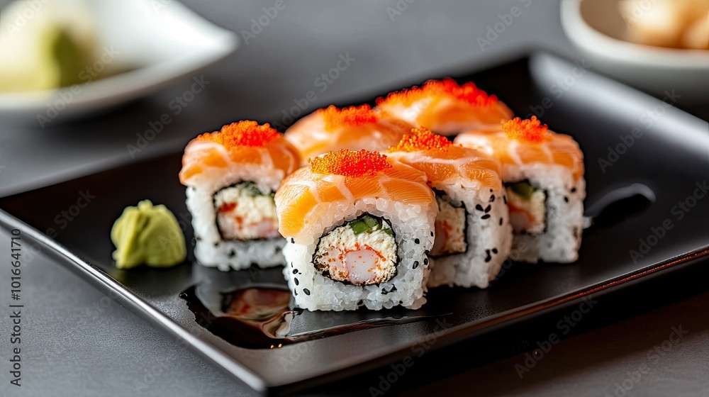Sliced trout sushi pieces displayed with soy sauce and pickled ginger, on a minimalist black plate. Sliced trout sushi pieces displayed with soy sauce and pickled ginger, on a minimalist black plate.