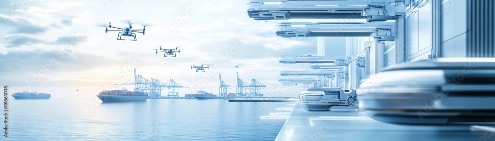 Futuristic drone technology over a serene harbor, showcasing innovation and modern maritime transport in a tranquil setting. Futuristic drone technology over a serene harbor, showcasing innovation and modern maritime transport in a tranquil setting.