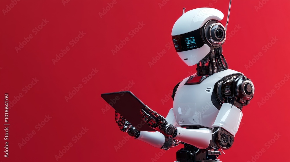 Ai robot using tablet isolate on red background Ai robot using tablet isolate on red background