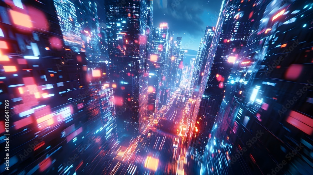 Dazzling cityscape filled with towering skyscrapers neon lights and dynamic motion effects creating an energetic and immersive backdrop for competitive gaming or eSports tournaments The futuristic Dazzling cityscape filled with towering skyscrapers neon lights and dynamic motion effects creating an energetic and immersive backdrop for competitive gaming or eSports tournaments The futuristic